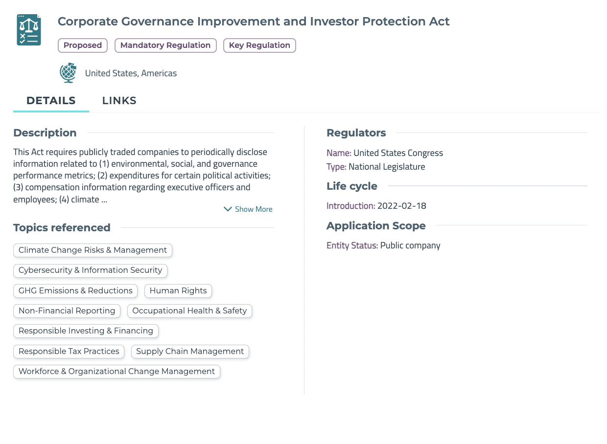 Datamaran platform showing the 'Corporate Governance Improvement and Investor Protection Act' topics